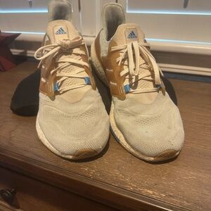 Adidas Boost Cream and Blue Athletic Shoes